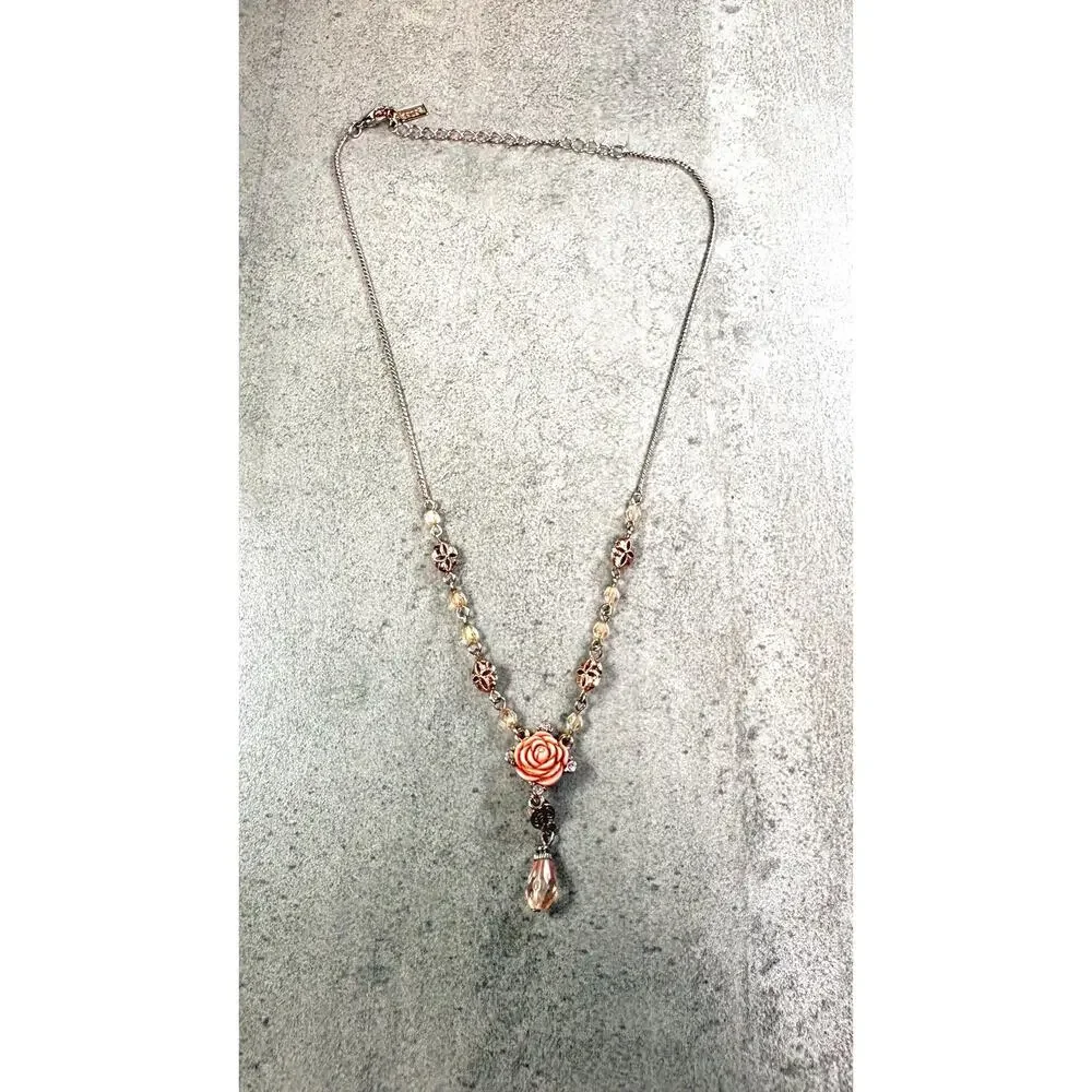 1928 Jewelry Pink Rose Y-Drop Necklace, Victorian Romantic Floral Resin Choker